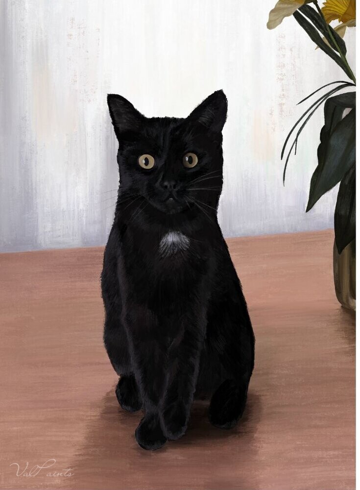 Hand-painted portrait of a black cat sitting on a table beside a vase of flowers