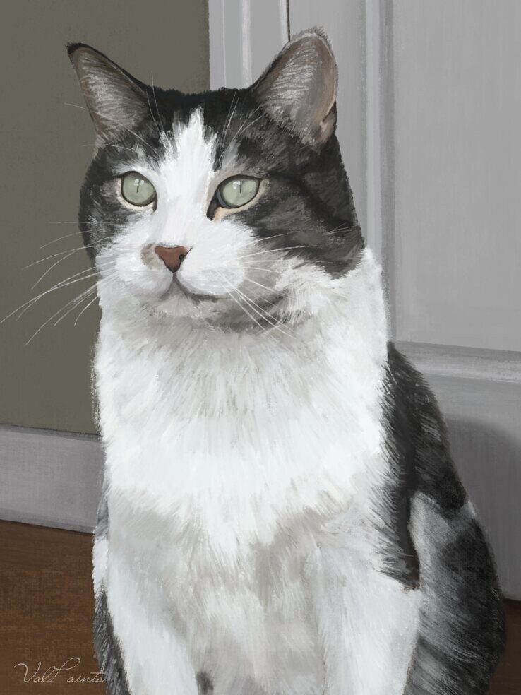 Hand-painted memorial portrait of a grey and white tabby cat sitting beside a door