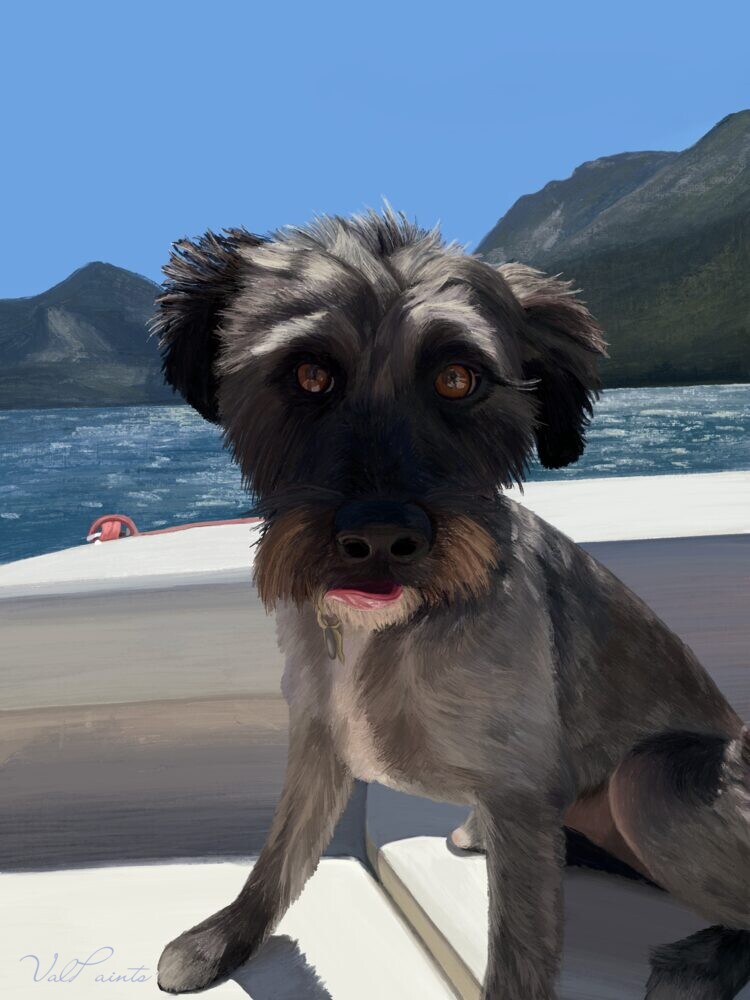 Hand-painted portrait of a scruffy grey dog sitting on a boat by the lake