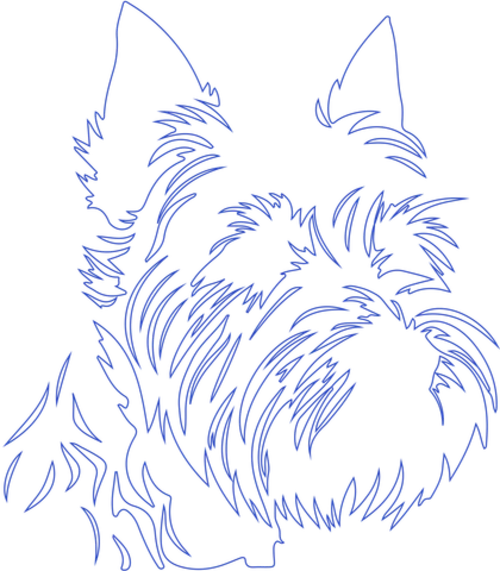 Blue line drawing of a scruffy terrier